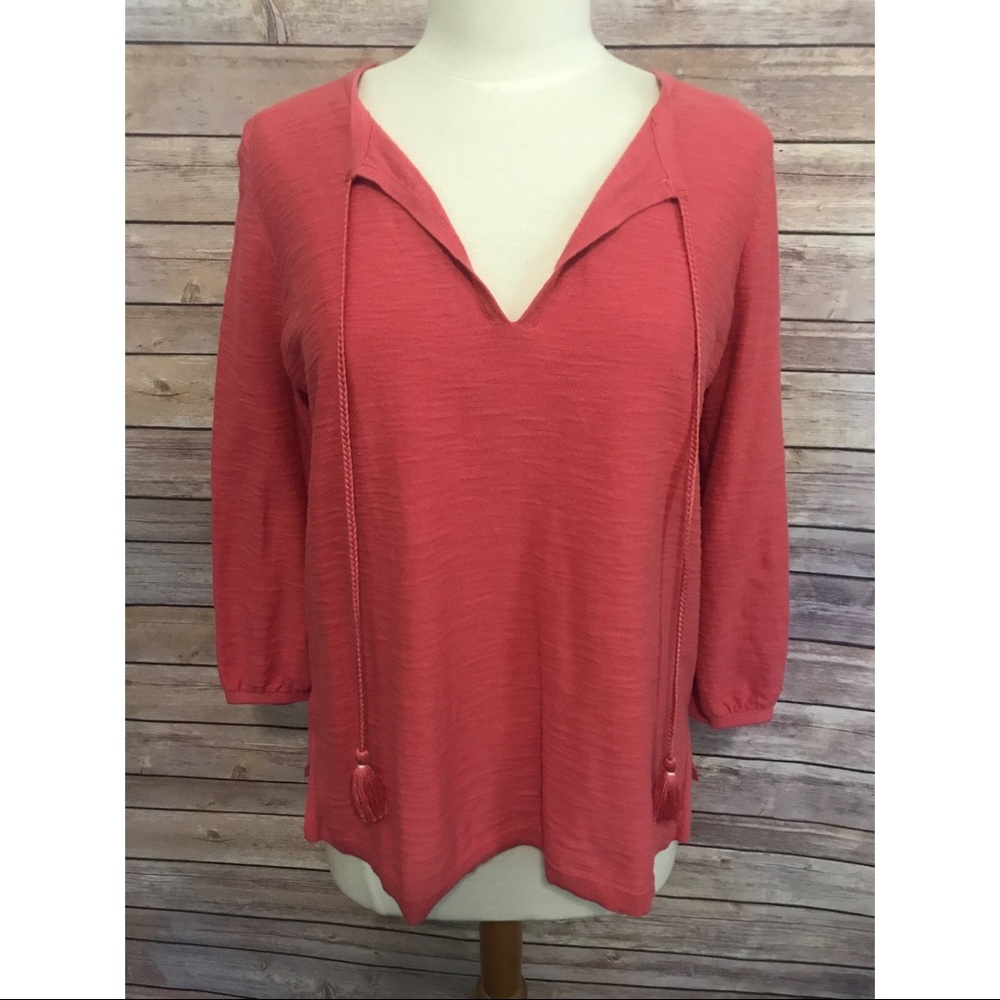 Ann Taylor Loft pink cotton tassel tie knit blouse